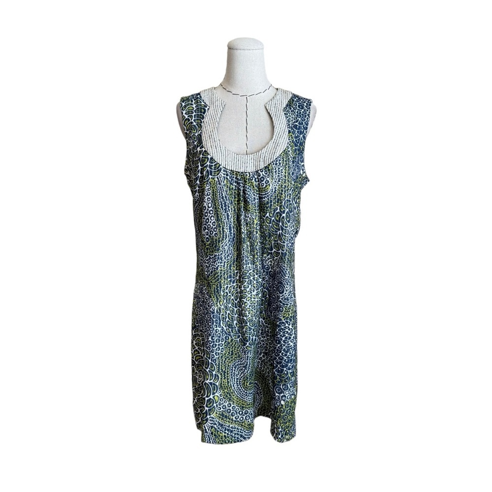 Trina Turk Blue Green Print Metallic Brocade Shift Sleeveless Mini Dress